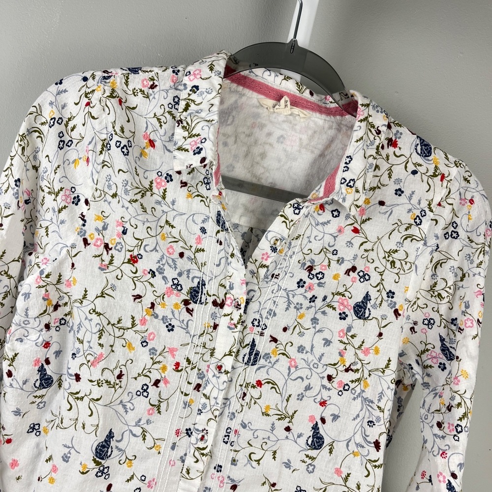 White Stuff Button Up Top Shirt Womens 6 Floral Cat Print Embroidered Boho